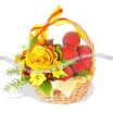 Корзина с персиками, хризантемами и розой